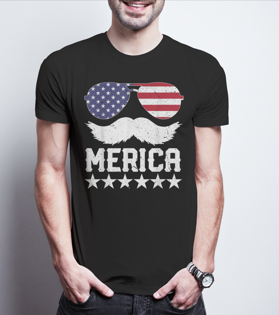 MERICA USA Flag Mustache Sunglasses Stars Independence Day T-Shirt