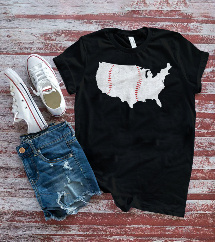 Baseball Is America's Pastime USA Map Stitch T-Shirt