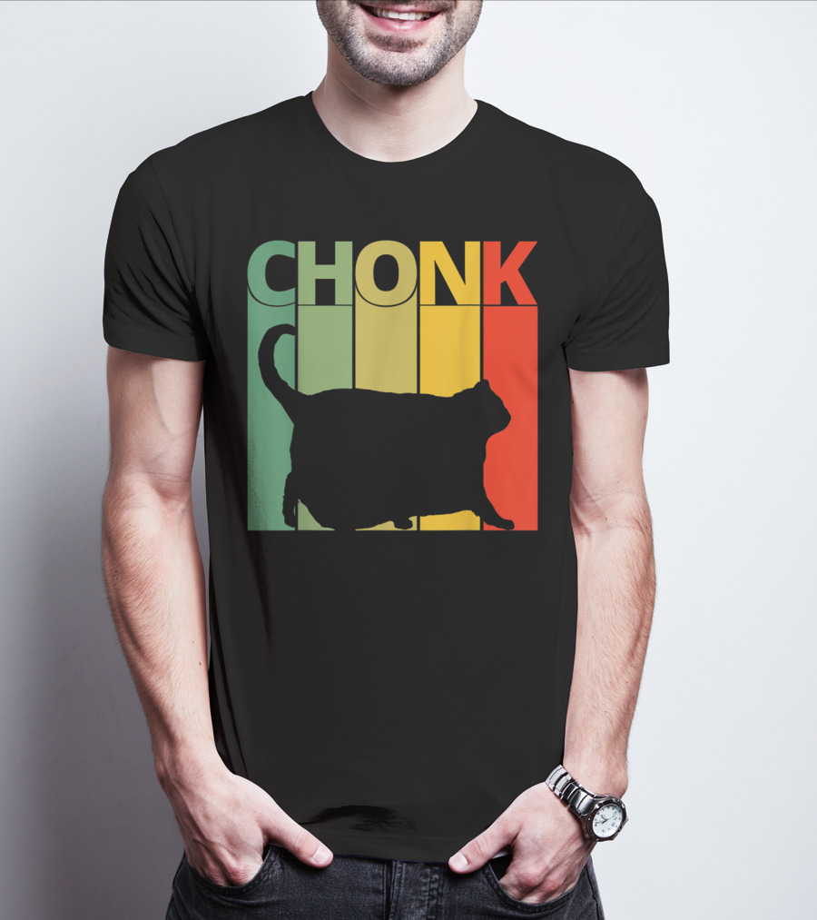 Chonk Cat Meme Funny Big Chungus Retro Stripes T-Shirt