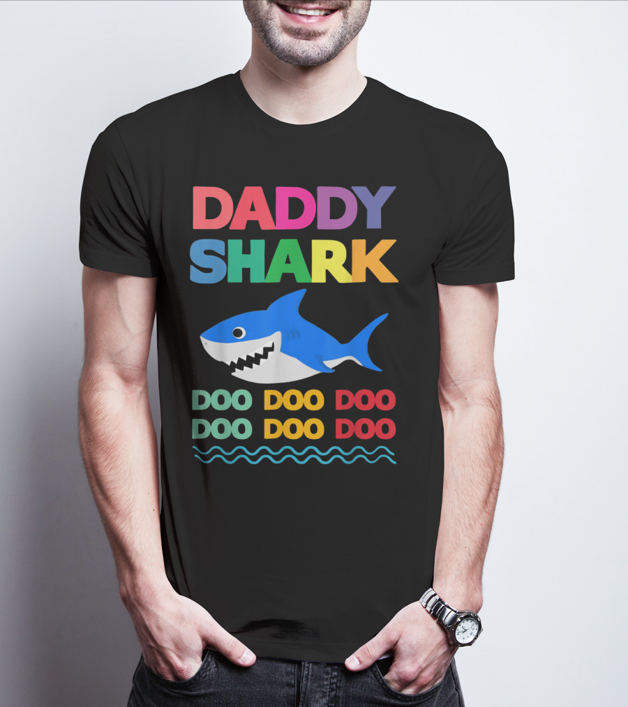 Daddy Shark Doo Doo Doo Baby Mommy Shark Funny Colorful Wave T-Shirt