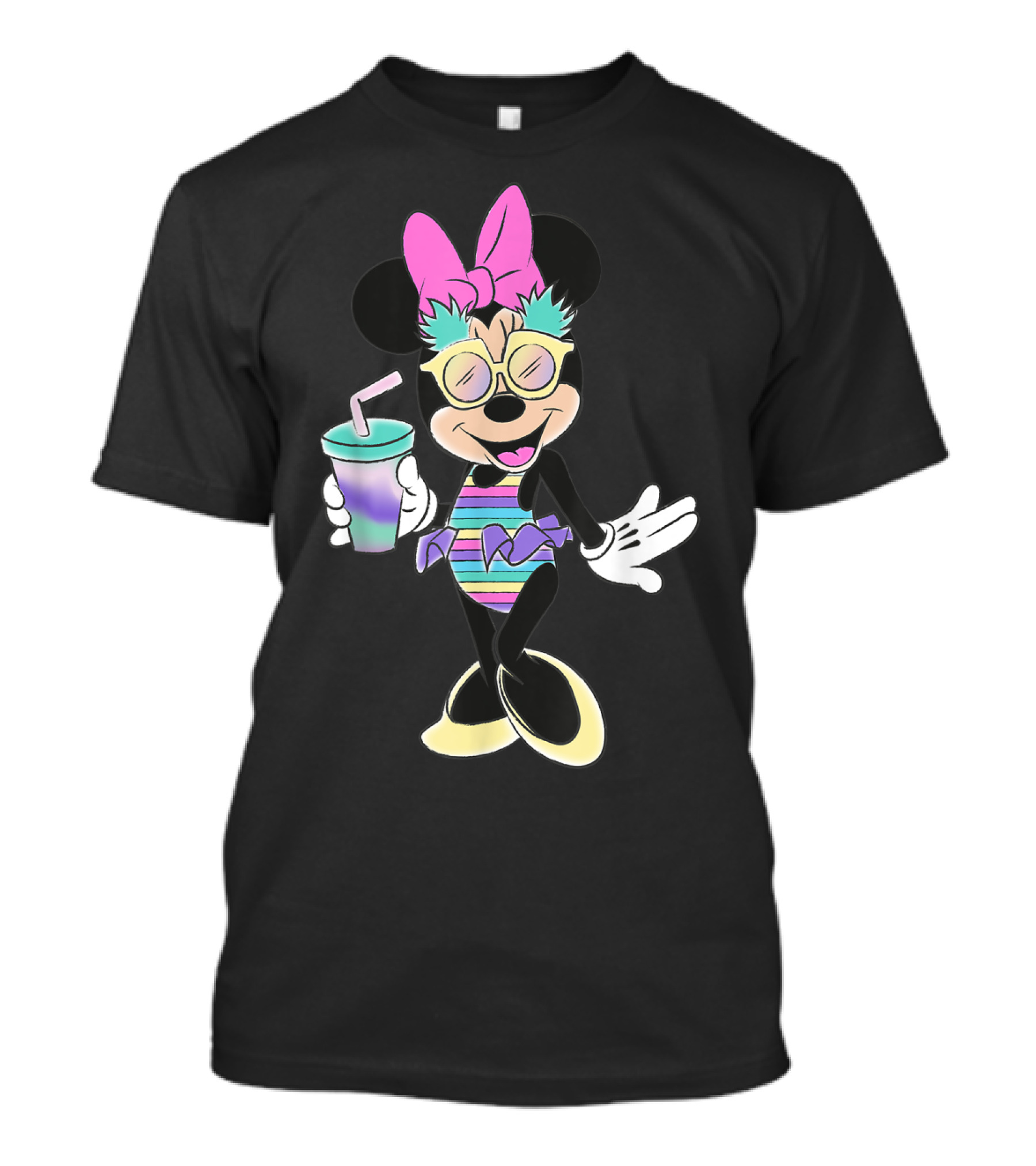 Disney Minnie Mouse Striped Swimsuit With Unicorn Colors And Pineapple Sunglasses T-Shirt