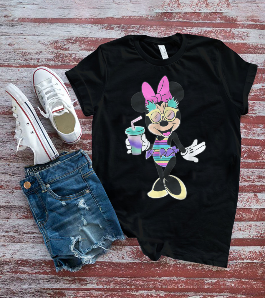 Disney Minnie Mouse Striped Swimsuit With Unicorn Colors And Pineapple Sunglasses T-Shirt