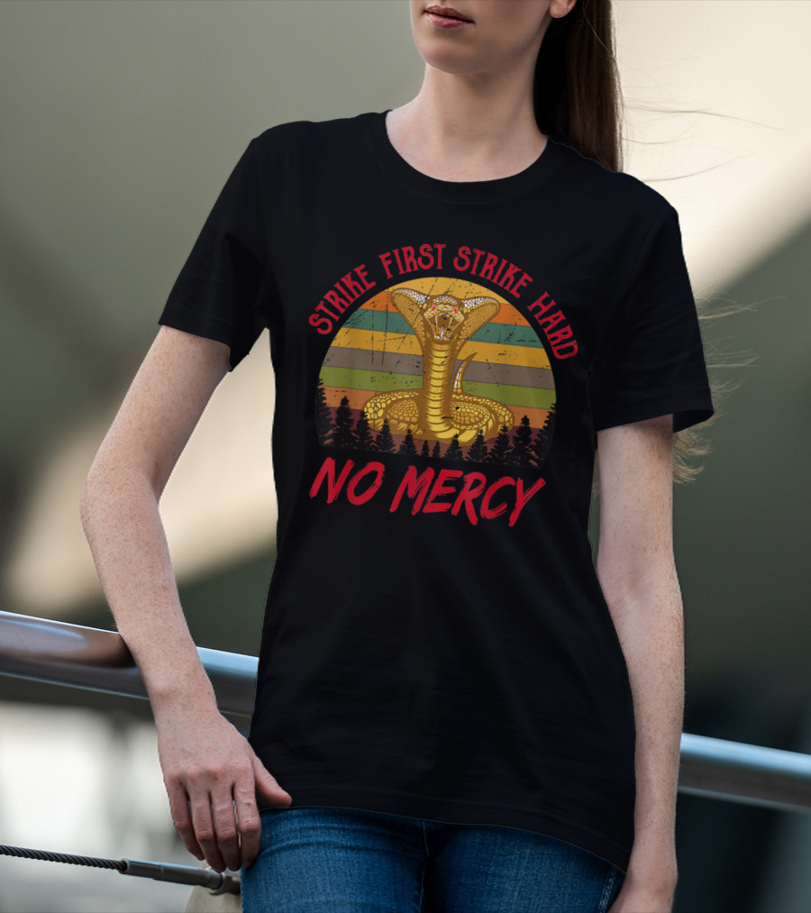 Strike First Strike Hard No Mercy Cobra Retro Stripes T-Shirt