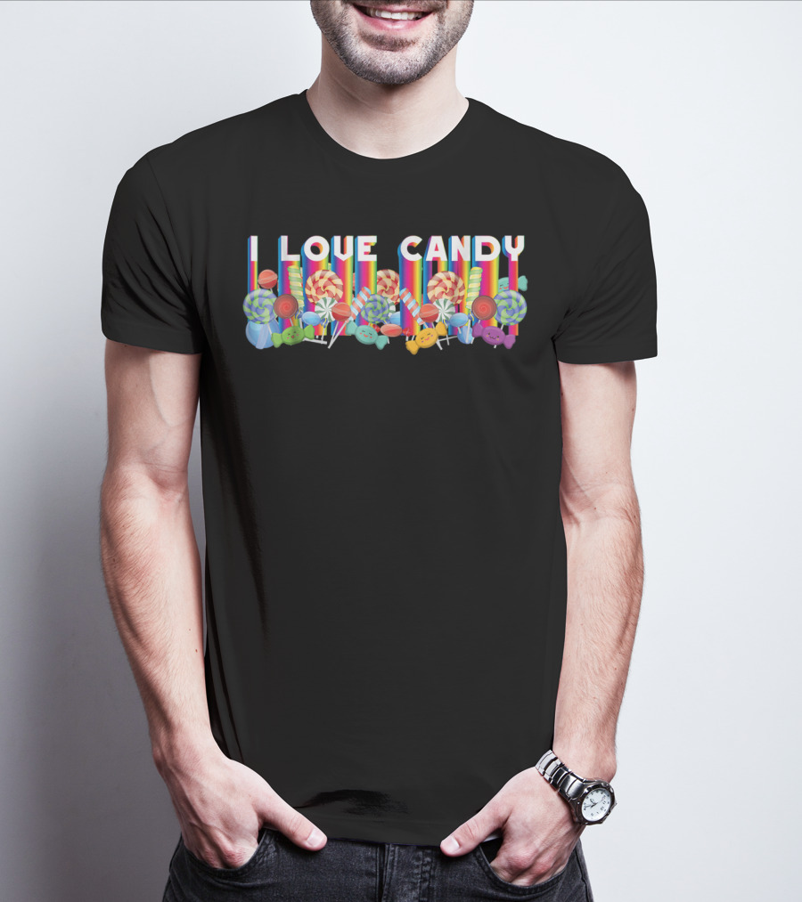I Love Candy With Halloween Lollipops And Rainbow Candy Colors T-Shirt
