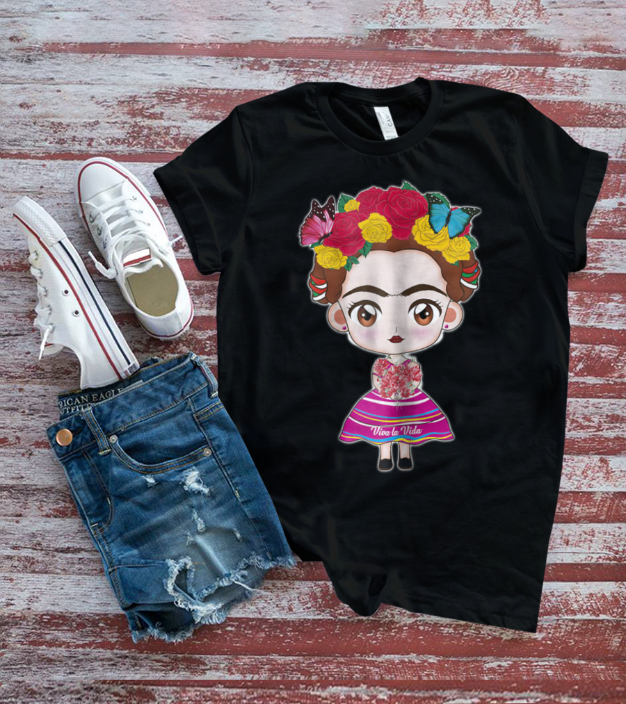 Viva Mexico Viva La Vida Mexican Frida With Flower Crown And Butterflies T-Shirt