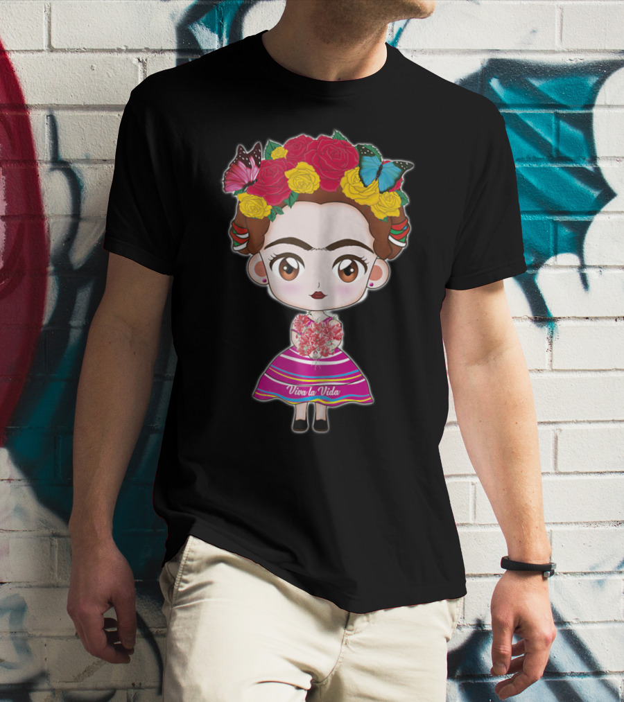 Viva Mexico Viva La Vida Mexican Frida With Flower Crown And Butterflies T-Shirt