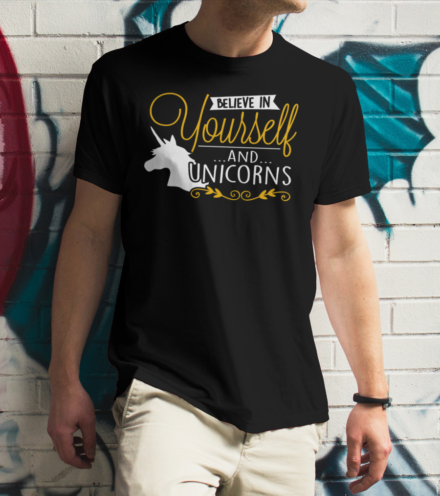 Believe In Yourself And Unicorns Head Graphic Whimsical Font T-Shirt