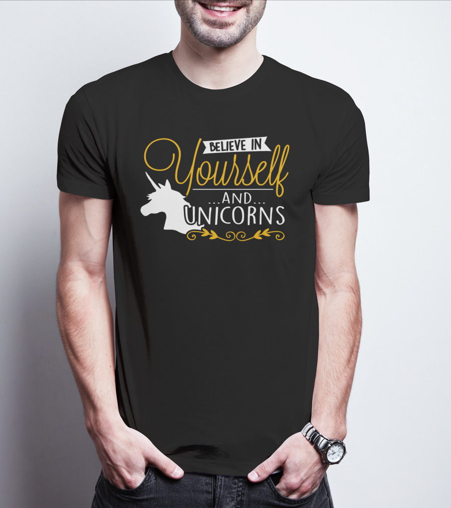 Believe In Yourself And Unicorns Head Graphic Whimsical Font T-Shirt