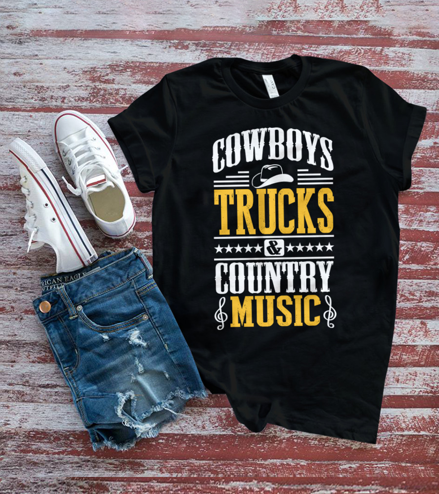 Cowboys Trucks And Country Music With Stars And Musical Notes T-Shirt