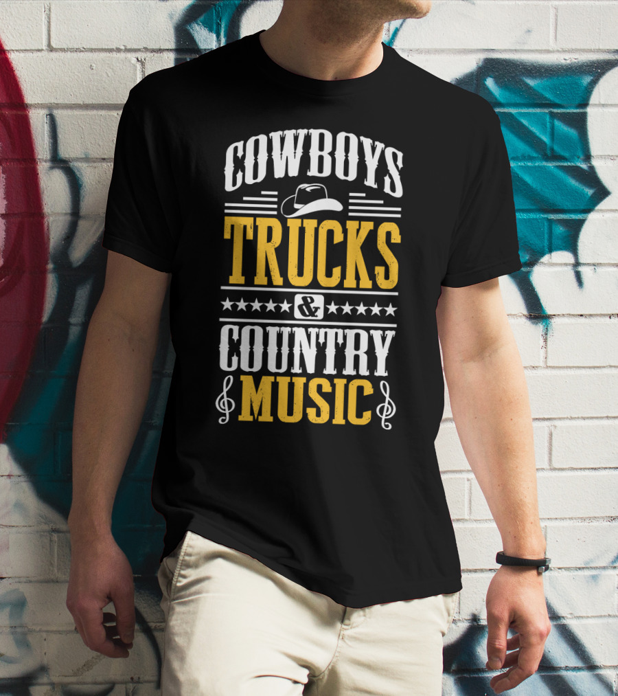 Cowboys Trucks And Country Music With Stars And Musical Notes T-Shirt