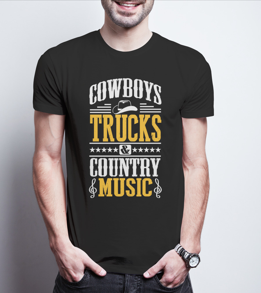 Cowboys Trucks And Country Music With Stars And Musical Notes T-Shirt