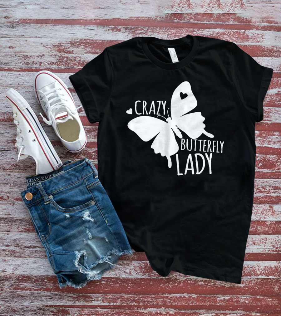 CRAZY BUTTERFLY LADY Heart Motif T-Shirt
