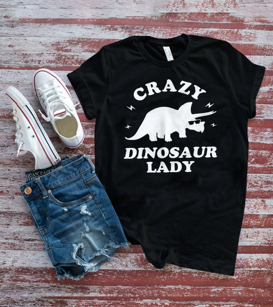 CRAZY DINOSAUR LADY Triceratops With Sunglasses And Lightning Bolts T-Shirt