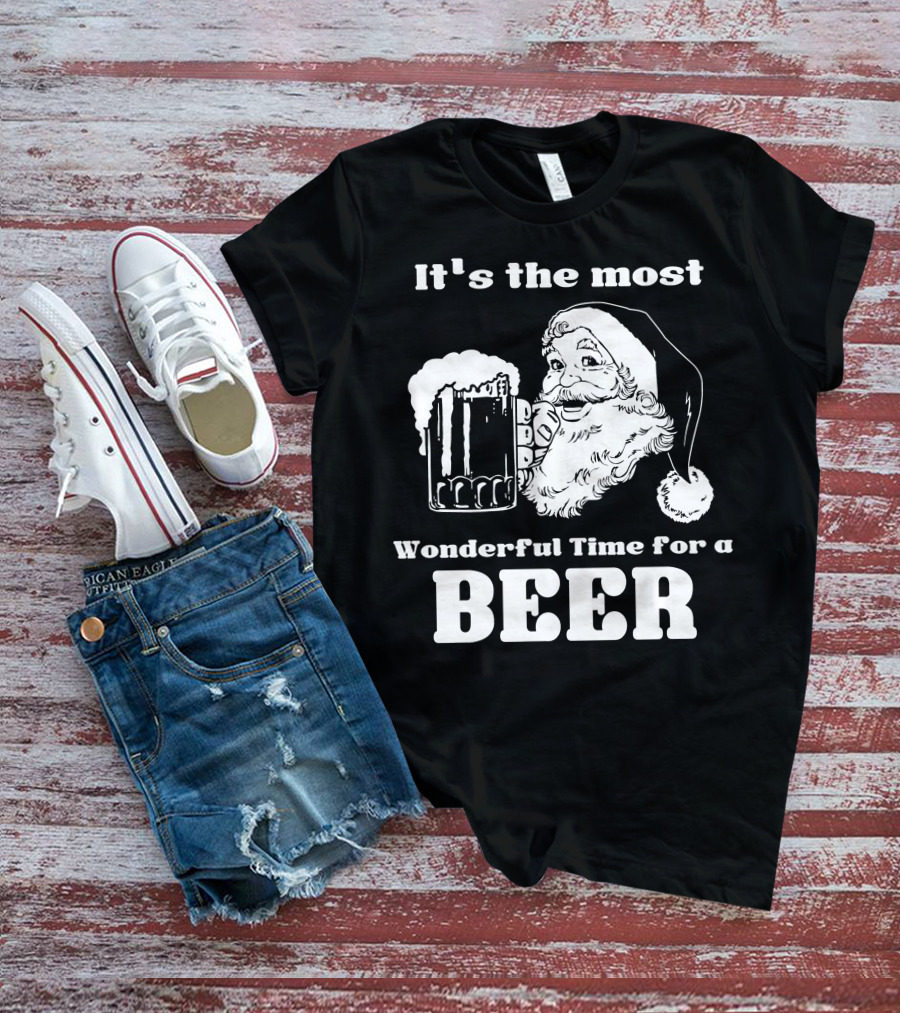 Christmas Santa It's The Most Wonderful Time For A Beer With Santa Hat And Mug Of Beer T-Shirt