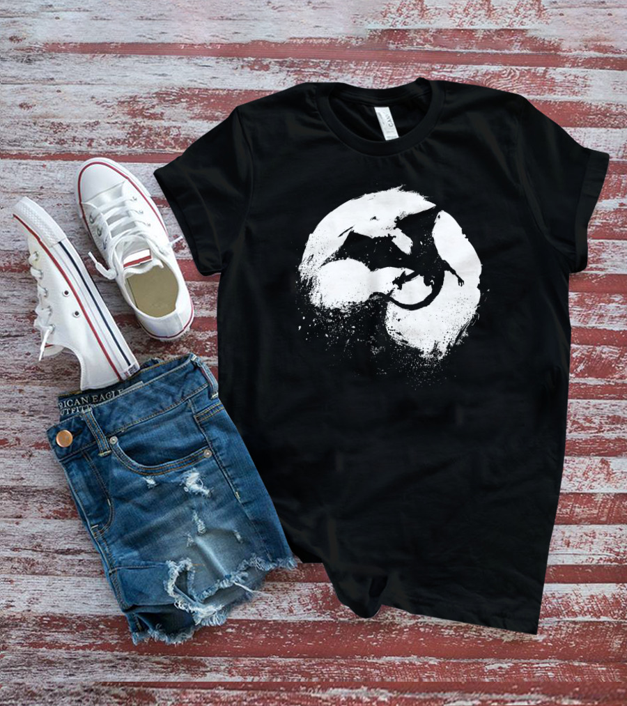 Midnight Desolation Dragon Silhouette In Full Moon T-Shirt