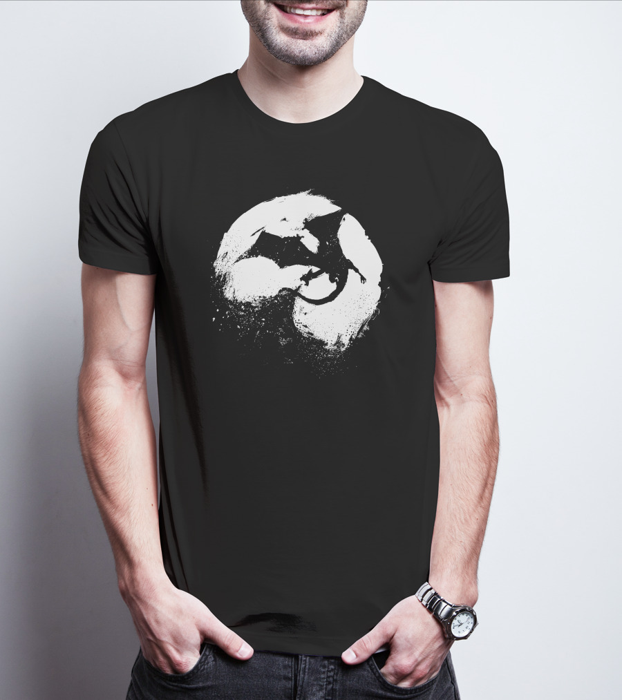 Midnight Desolation Dragon Silhouette In Full Moon T-Shirt
