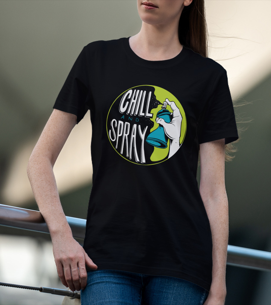 CHILL AND SPRAY Hand Holding Blue Can T-Shirt