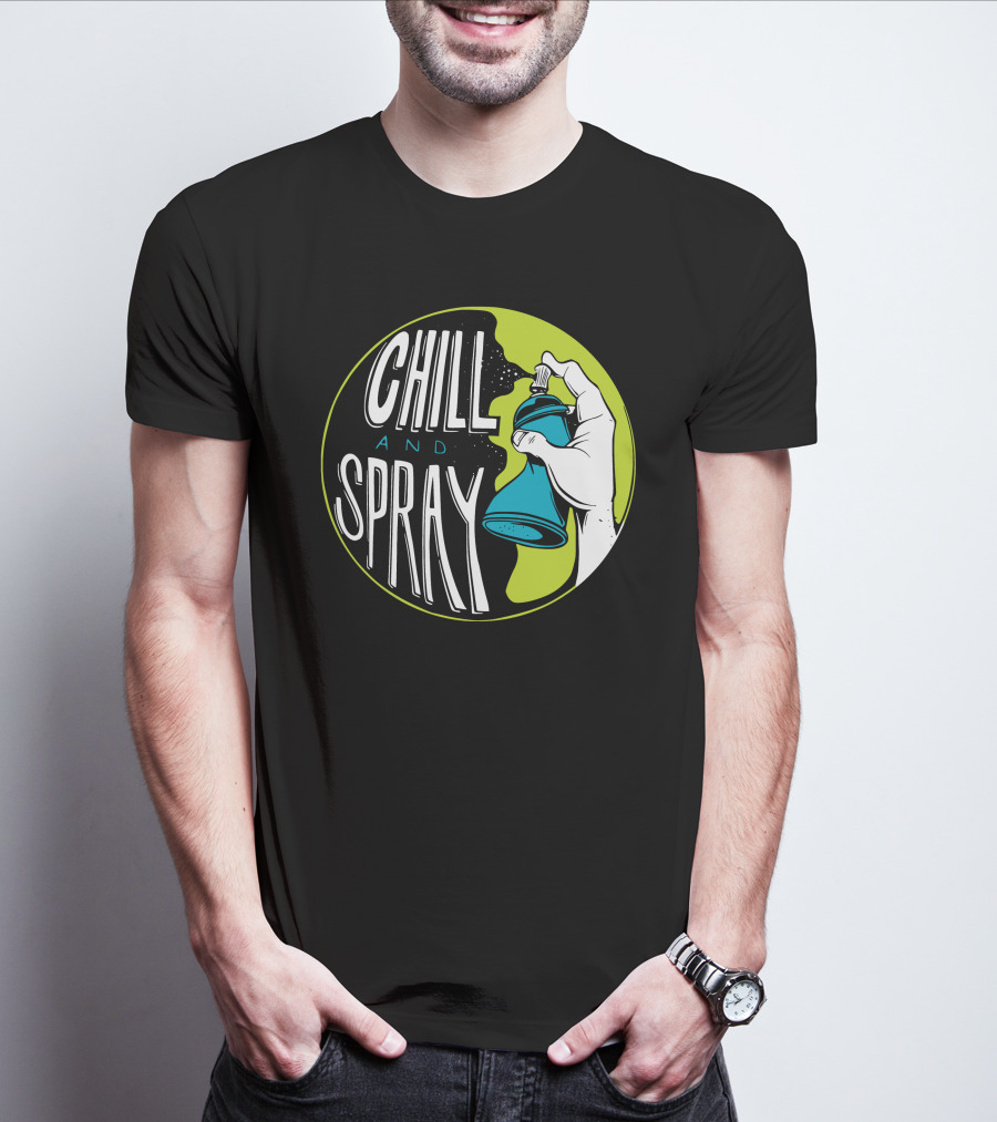 CHILL AND SPRAY Hand Holding Blue Can T-Shirt