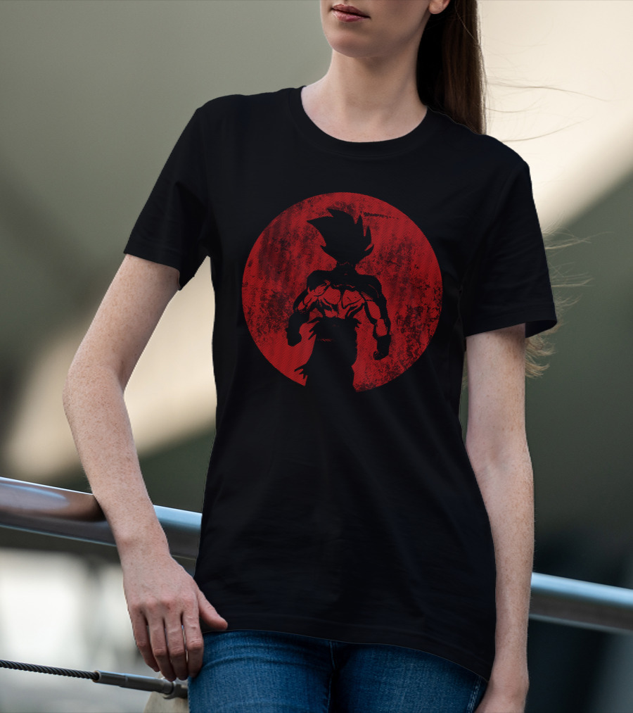 Crimson Saiyan Silhouette Against Red Moon T-Shirt