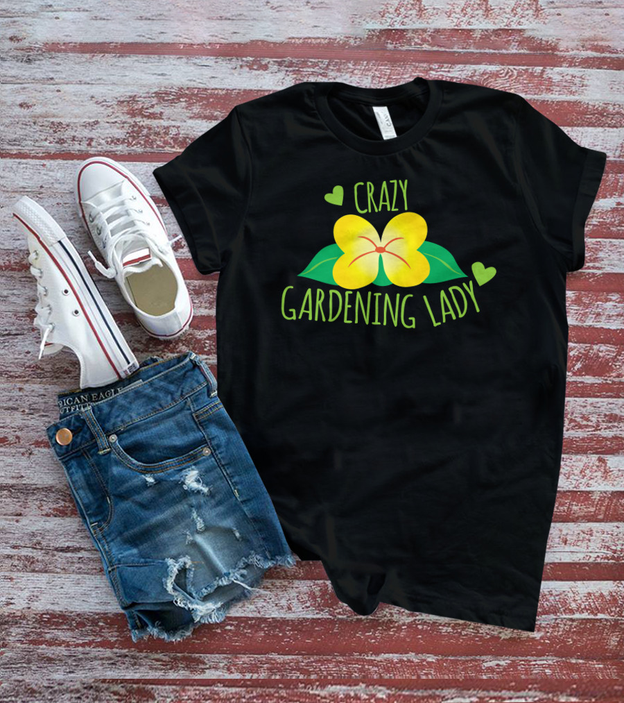 Crazy Gardening Lady Yellow Flower And Green Hearts T-Shirt