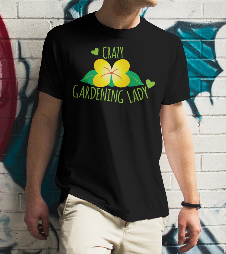 Crazy Gardening Lady Yellow Flower And Green Hearts T-Shirt
