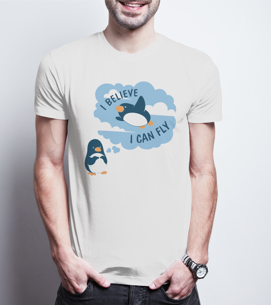 I Believe I Can Fly Penguin Dreaming Clouds T-Shirt