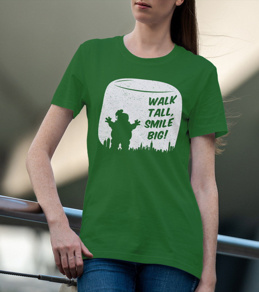 WALK TALL SMILE BIG Stay Puft Marshmallow Man City Skyline T-Shirt