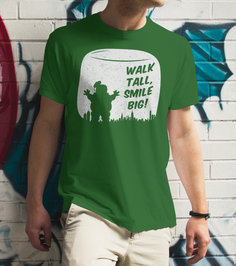 WALK TALL SMILE BIG Stay Puft Marshmallow Man City Skyline T-Shirt
