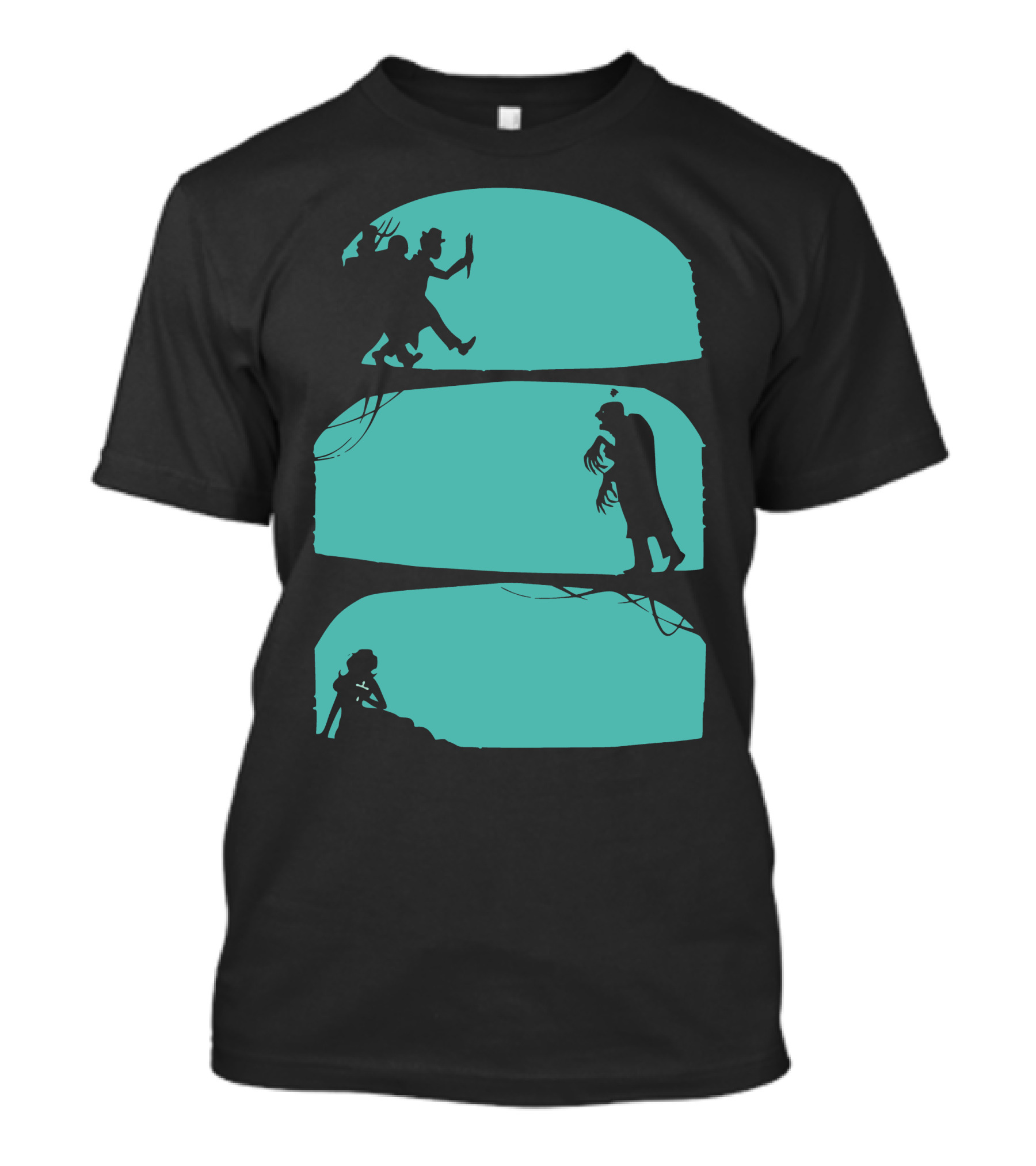 Hunt The Zombie Silhouette Chase With Weapon, Creeping Figure, And Hiding Woman T-Shirt