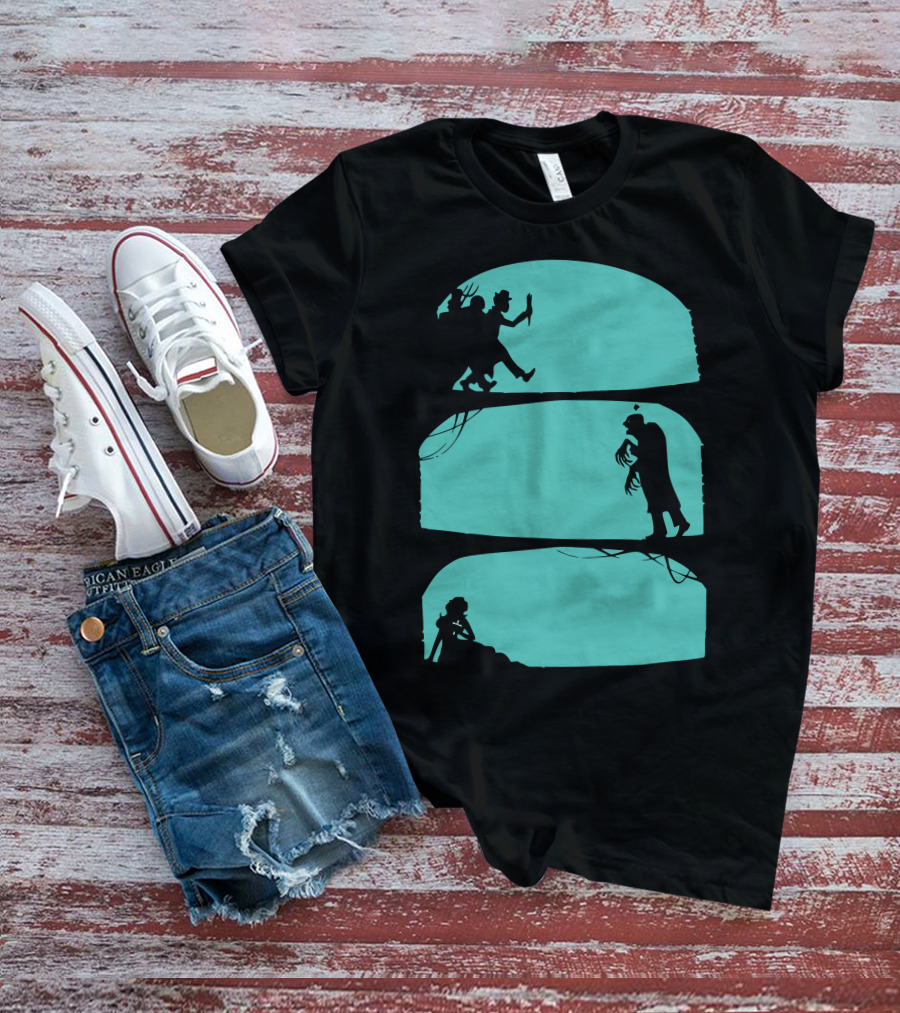 Hunt The Zombie Silhouette Chase With Weapon, Creeping Figure, And Hiding Woman T-Shirt
