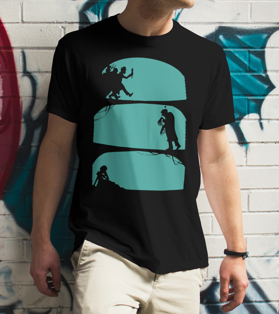 Hunt The Zombie Silhouette Chase With Weapon, Creeping Figure, And Hiding Woman T-Shirt