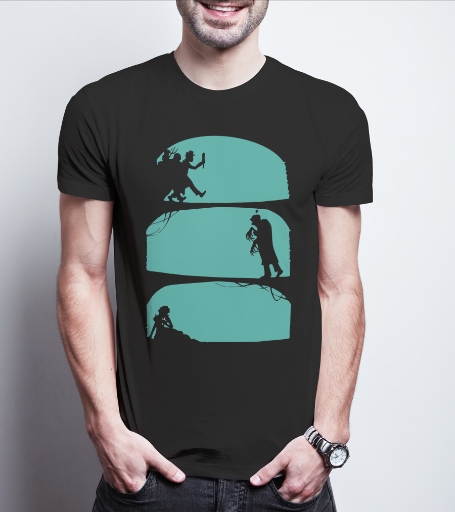Hunt The Zombie Silhouette Chase With Weapon, Creeping Figure, And Hiding Woman T-Shirt