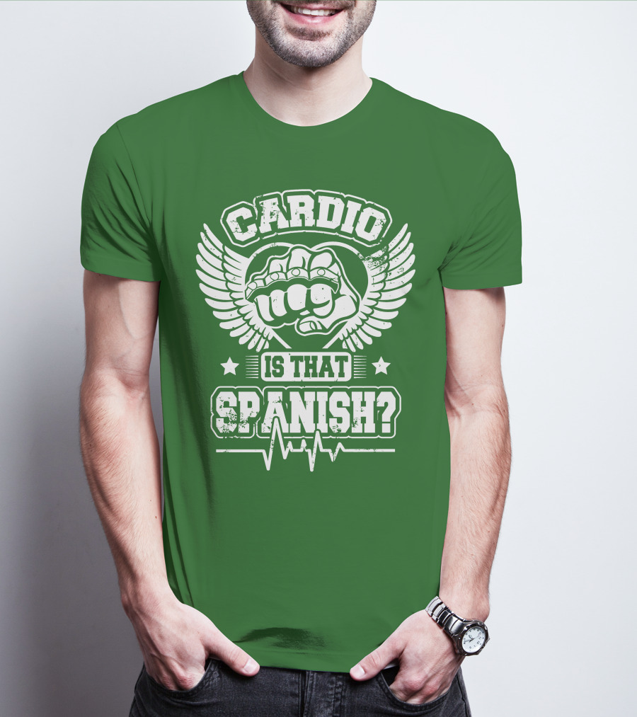 Cardio Is That Spanish Bold Fist And Wings With Heartbeat Line T-Shirt
