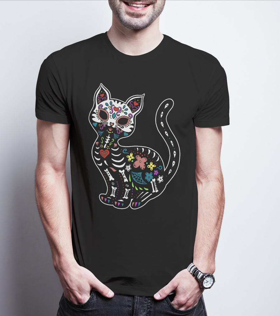 Calavera Cat Dia De Los Muertos Sugar Skull Colorful Skeleton Decor T-Shirt