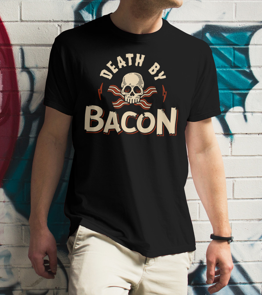 Death By Bacon Skull And Crossbones With Lightning Bolts T-Shirt