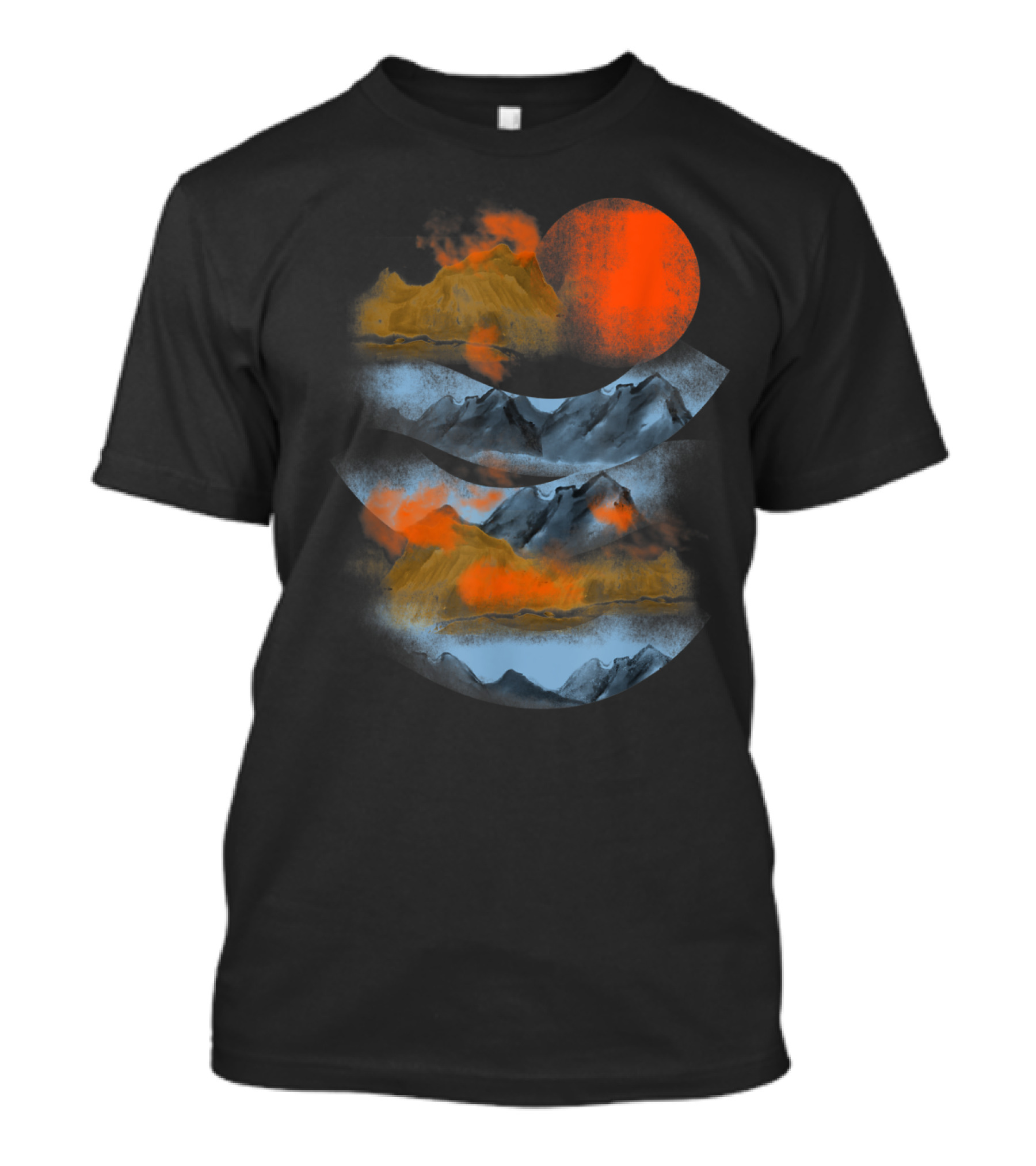 Blurry Mountains Clouds With Red Sun And Smoky Peaks T-Shirt