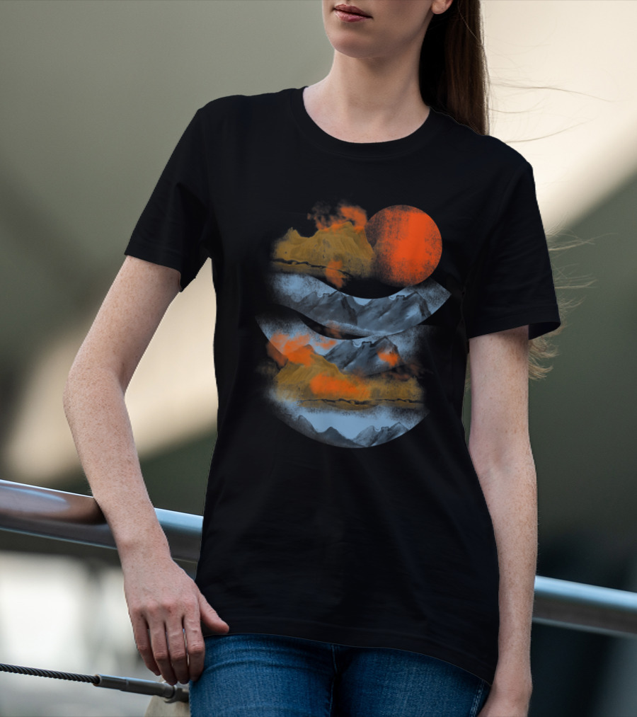 Blurry Mountains Clouds With Red Sun And Smoky Peaks T-Shirt