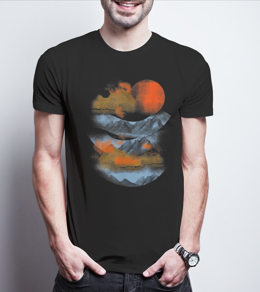 Blurry Mountains Clouds With Red Sun And Smoky Peaks T-Shirt