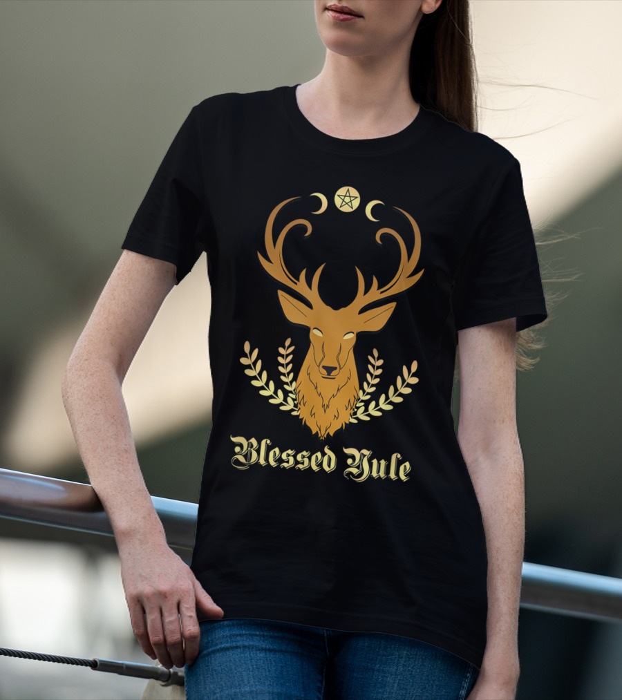 Blessed Yule Christmas Stag Pentacle Triple Moon T-Shirt