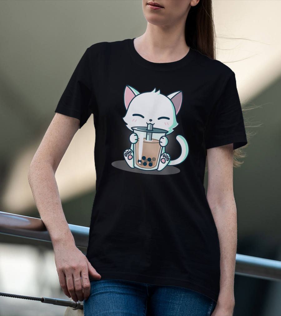 Kawaii Boba Cat Happy Kitten Drinking Bubble Tea Mood T-Shirt