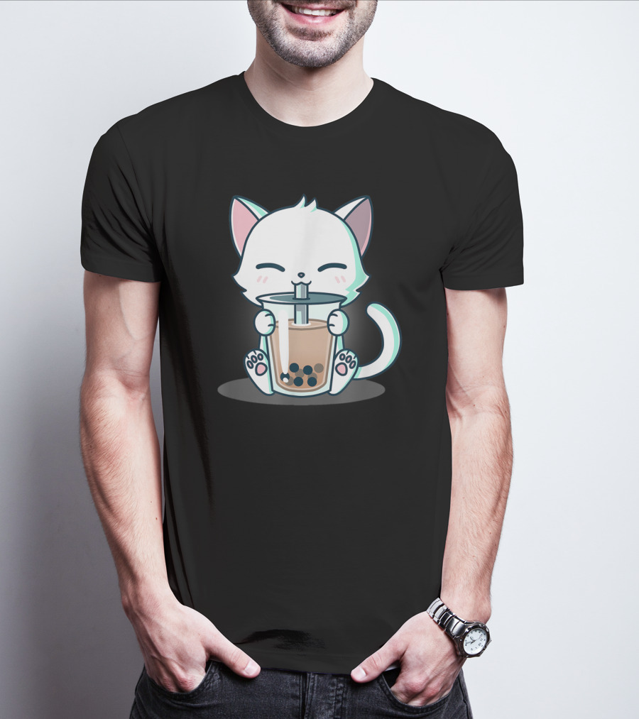 Kawaii Boba Cat Happy Kitten Drinking Bubble Tea Mood T-Shirt