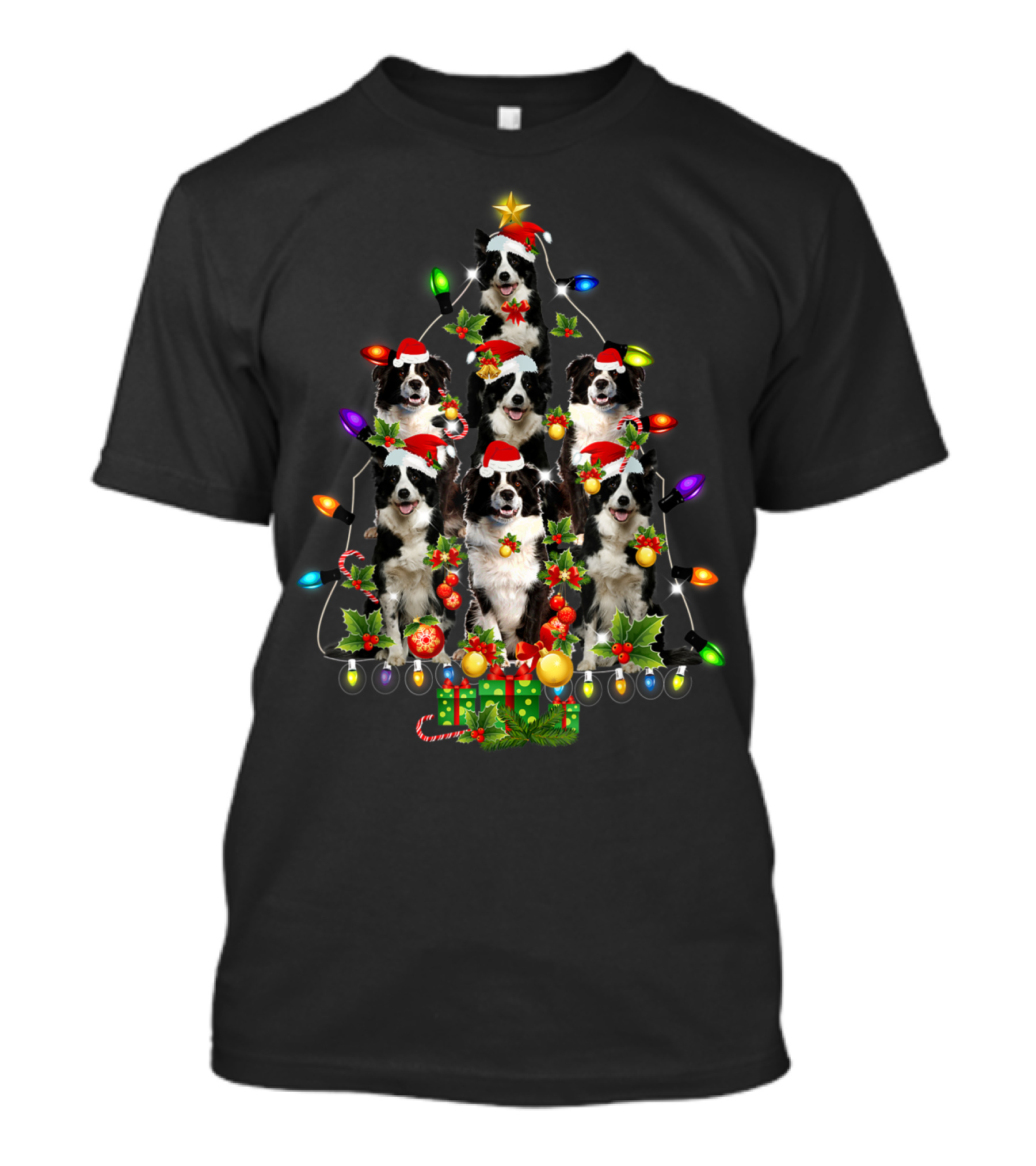 Border Collie Christmas Lights Festive Santa Hat Tree T-Shirt