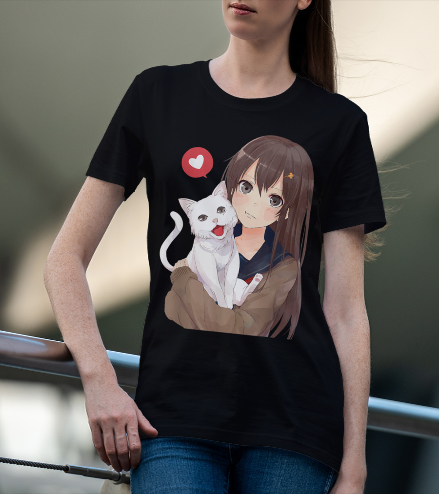 Cute Anime Girl With Adorable White Kitty Cat And Heart T-Shirt