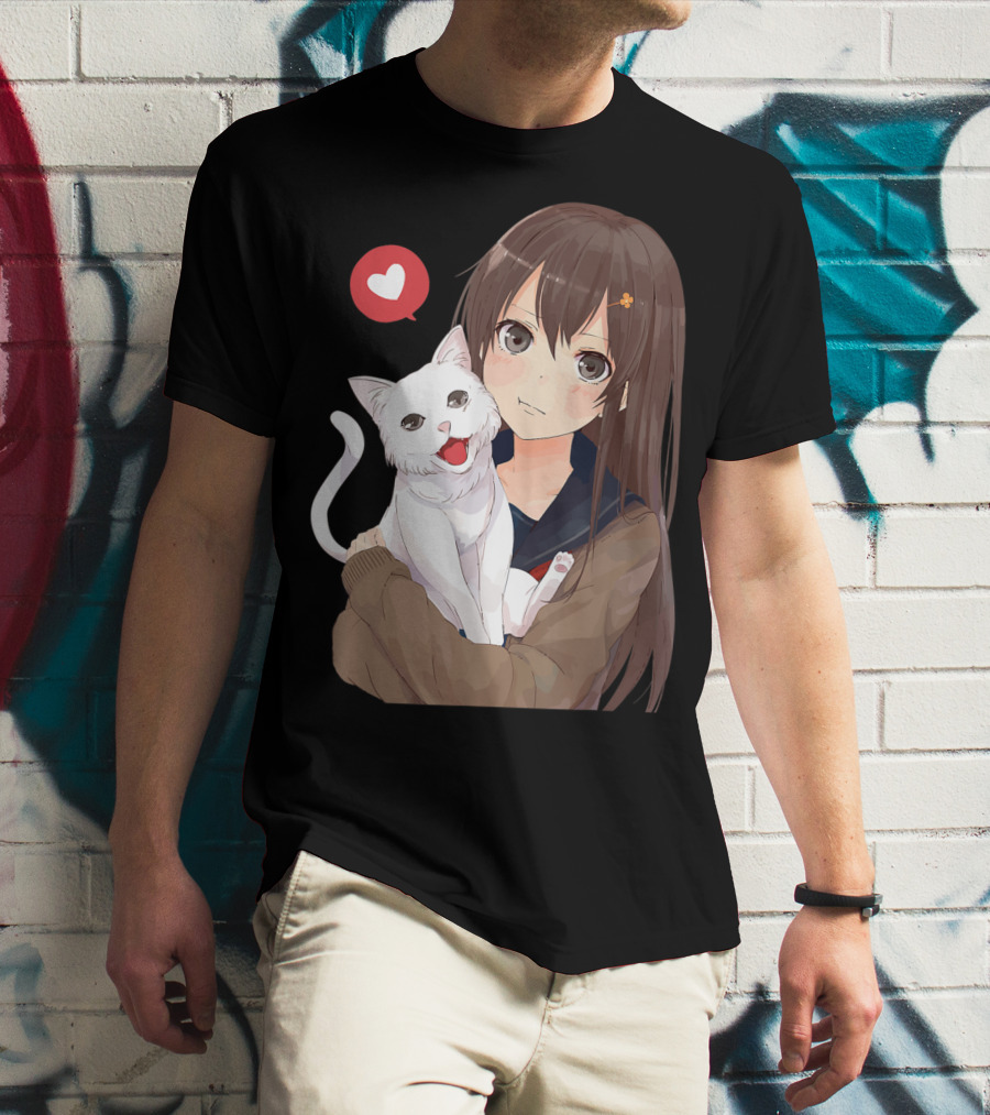 Cute Anime Girl With Adorable White Kitty Cat And Heart T-Shirt