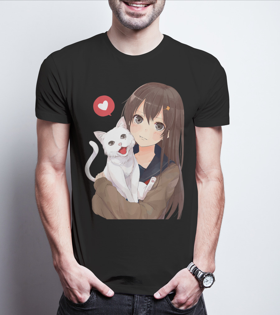 Cute Anime Girl With Adorable White Kitty Cat And Heart T-Shirt