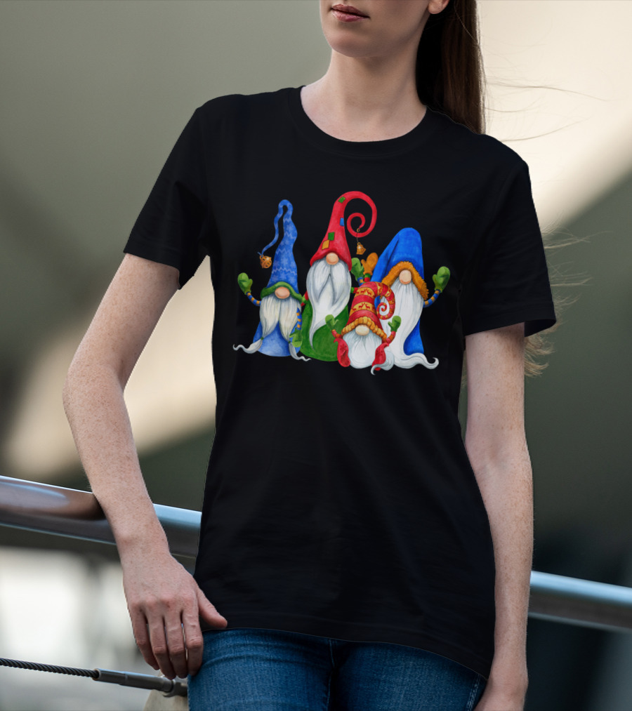 Cute Four 4 Nordic Gnomes Christmas Elves With Colorful Hats And Beards T-Shirt