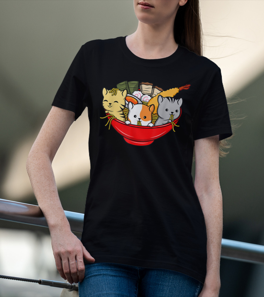 Kawaii Cat Trio In Ramen Bowl With Japanese Anime Style Meal T-Shirt