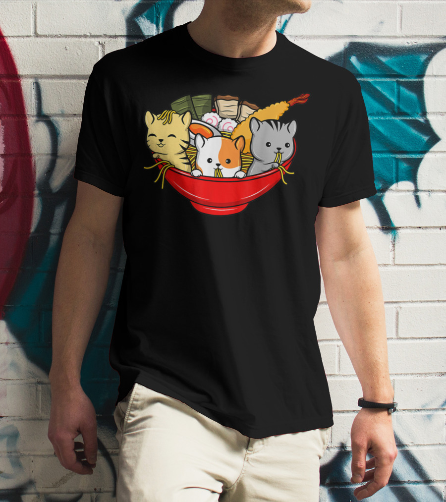 Kawaii Cat Trio In Ramen Bowl With Japanese Anime Style Meal T-Shirt