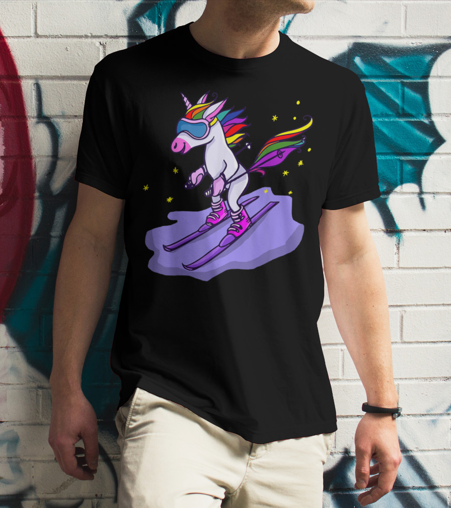 Cute Unicorn Skiing In Rainbow T-Shirt