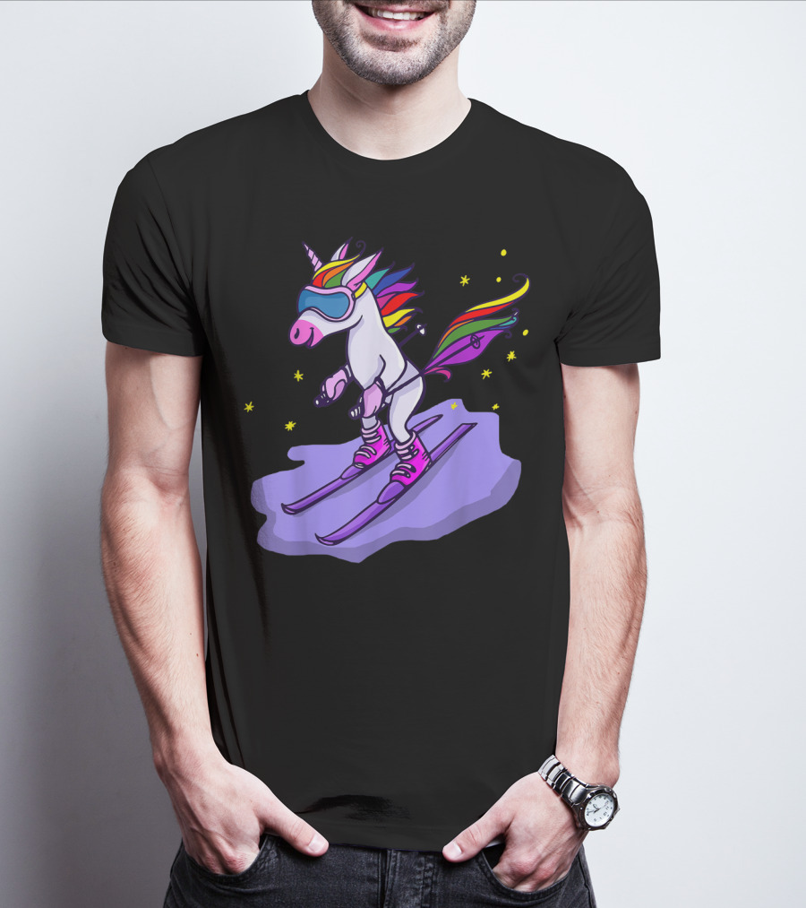 Cute Unicorn Skiing In Rainbow T-Shirt